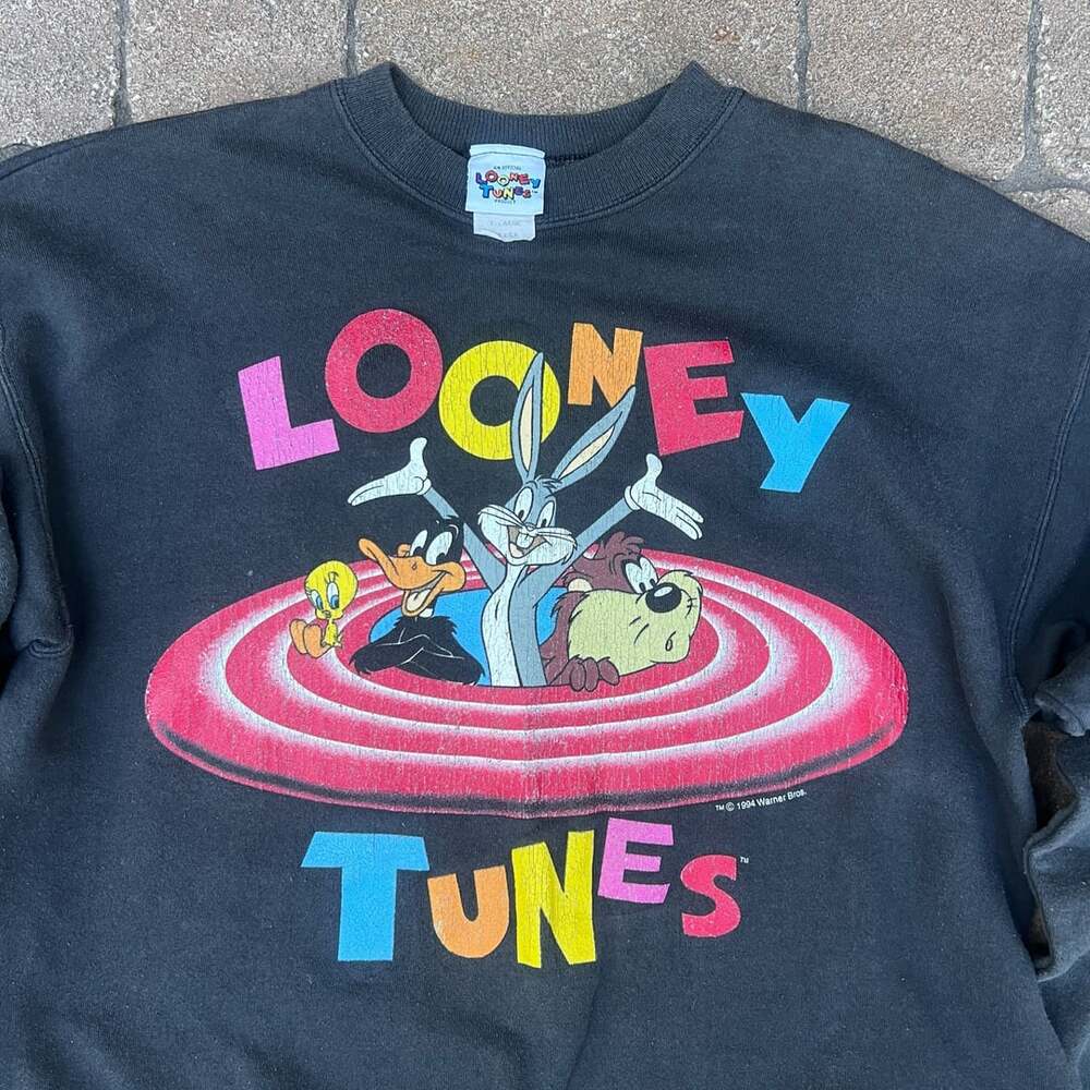 Vintage 1994 Looney Tunes Warner Bros Graphic Black Sweatshirt Size XL
